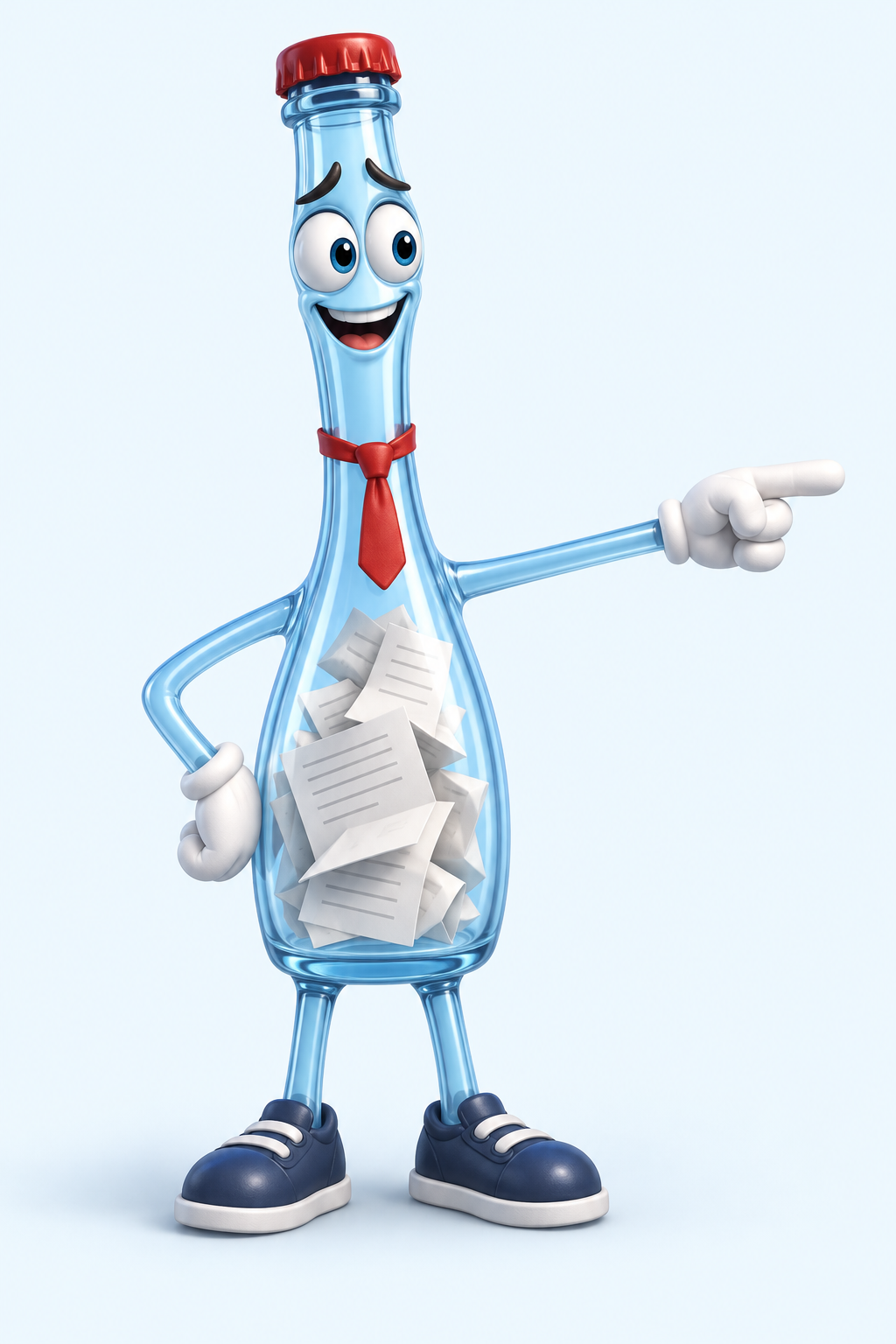 Funny bottle character full of paperwork, pointing toward the bottlenecks