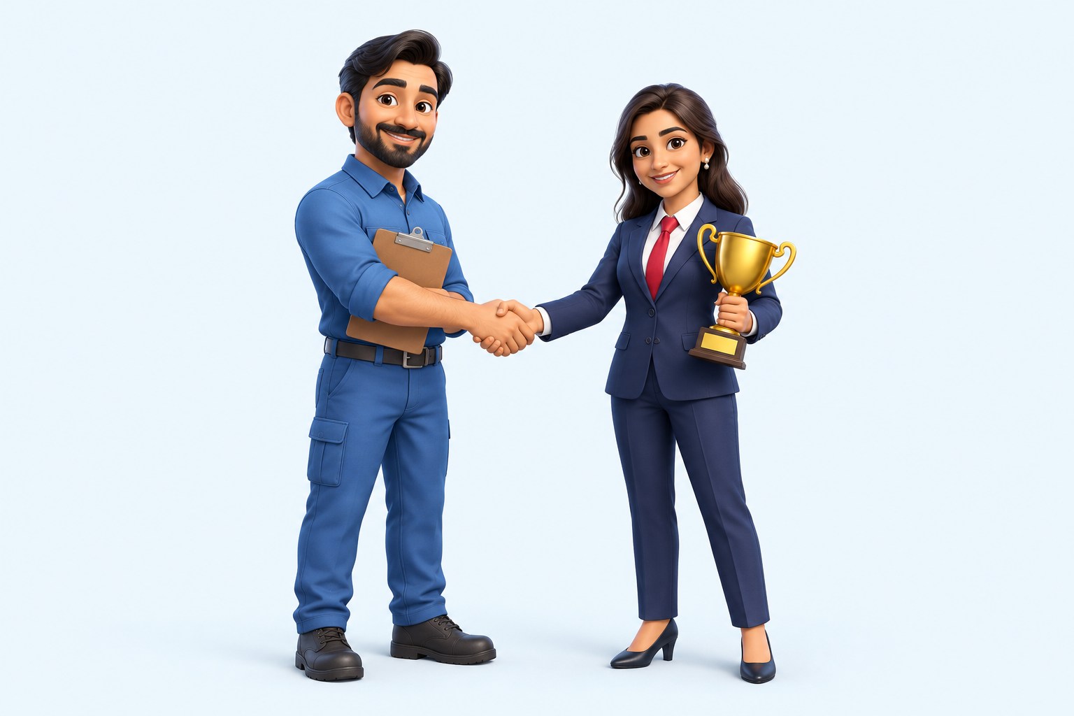 Effort and results characters shaking hands